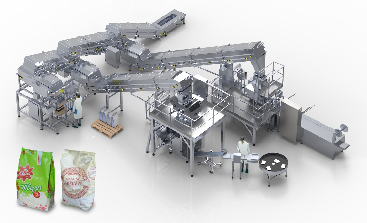 Packaging line for packing of loose soft curd